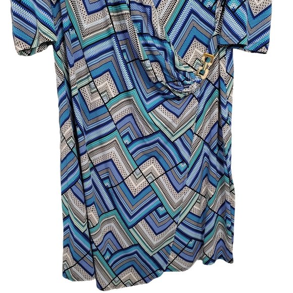Roaman's Plus Size 24W Dress Geometric Tile Stretch Faux Wrap Pullover Midi Blue - Picture 4 of 12